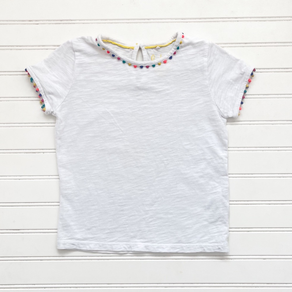 MINI BODEN EUC White Blouse w/ Colorful Pom Pom Detailing
